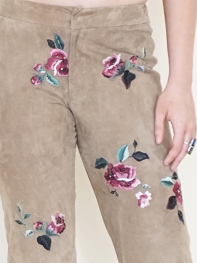 Floral Suede Rhinestone Jeans Beaded Embroidered Leather Pants Vintage Low Rise