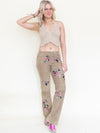 Floral Suede Rhinestone Jeans Beaded Embroidered Leather Pants Vintage Low Rise
