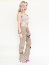 Floral Suede Rhinestone Jeans Beaded Embroidered Leather Pants Vintage Low Rise
