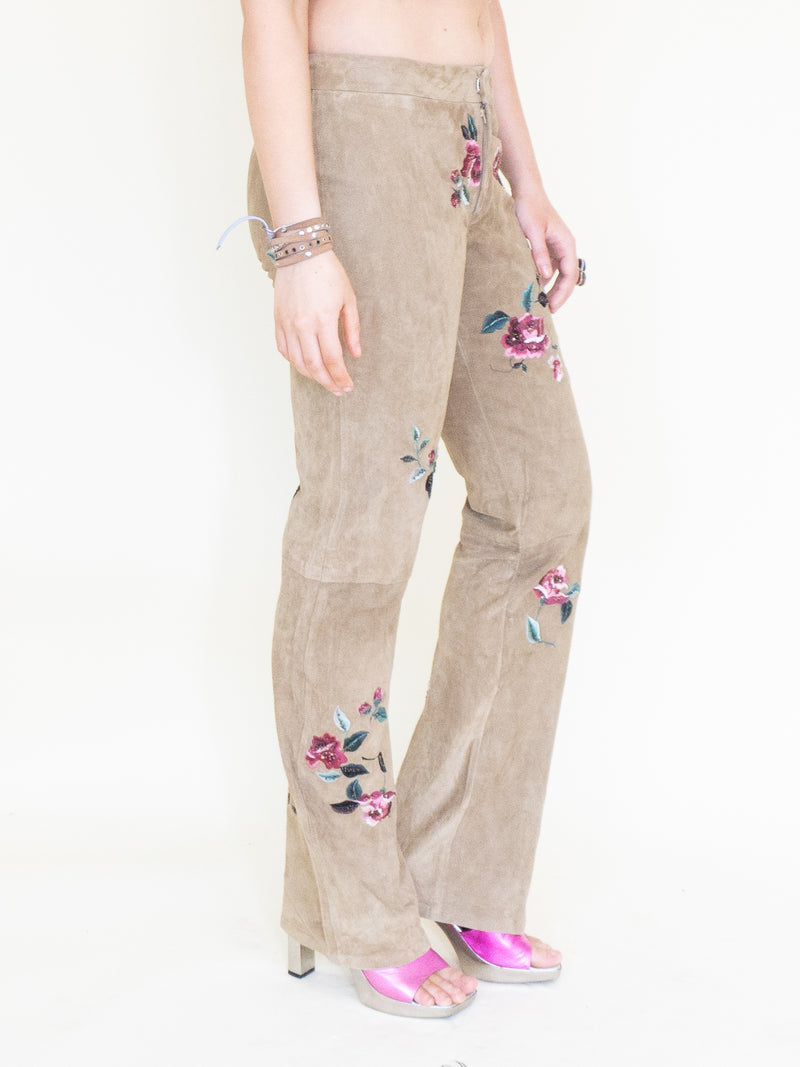 Floral Suede Rhinestone Jeans Beaded Embroidered Leather Pants Vintage Low Rise