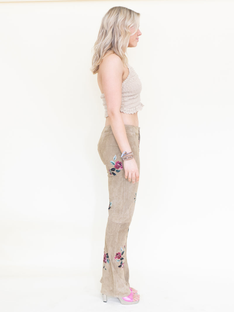 Floral Suede Rhinestone Jeans Beaded Embroidered Leather Pants Vintage Low Rise