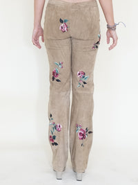 Floral Suede Rhinestone Jeans Beaded Embroidered Leather Pants Vintage Low Rise