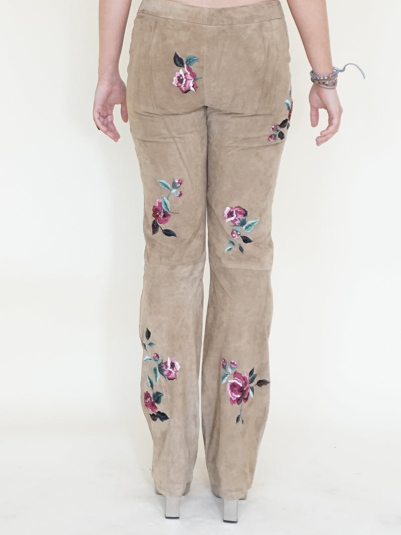 Floral Suede Rhinestone Jeans Beaded Embroidered Leather Pants Vintage Low Rise
