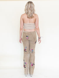 Floral Suede Rhinestone Jeans Beaded Embroidered Leather Pants Vintage Low Rise
