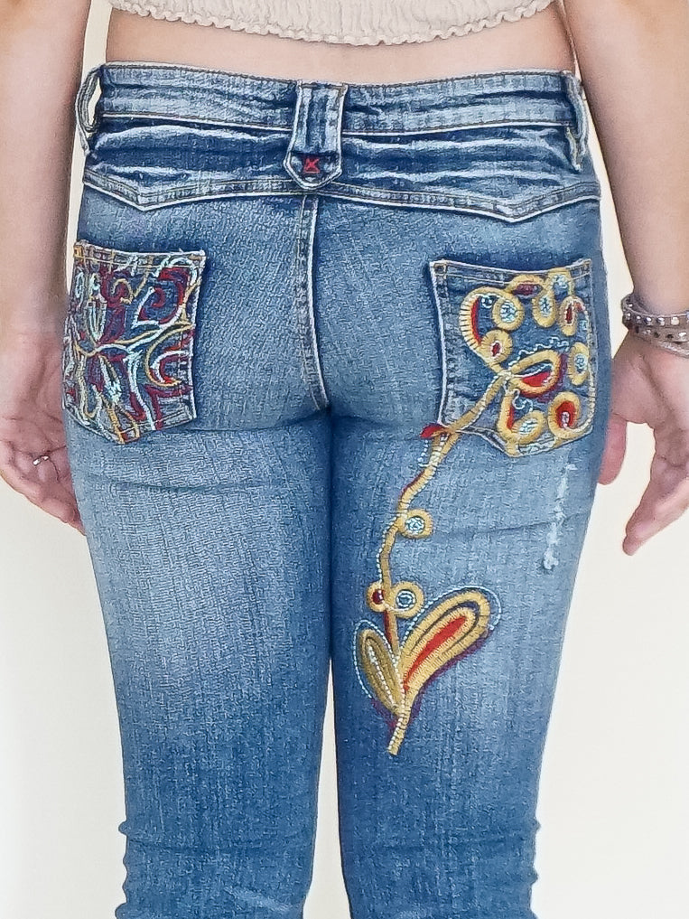 Embroidered Jeans Vintage Y2k Jeans Low Waisted Low Rise