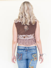 Patchwork Vest Boho Lace Ruffle Vest Sleeveless Cropped Hand Dyed