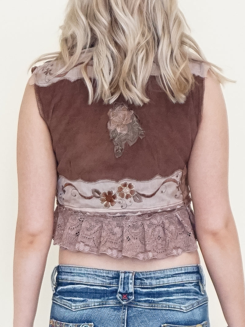 Patchwork Vest Boho Lace Ruffle Vest Sleeveless Cropped Hand Dyed