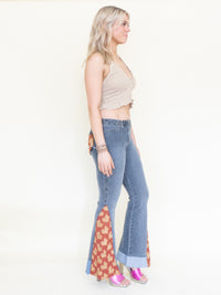 Floral Patchwork Jeans Bell Bottom Denim Vintage Upcycled Low Rise