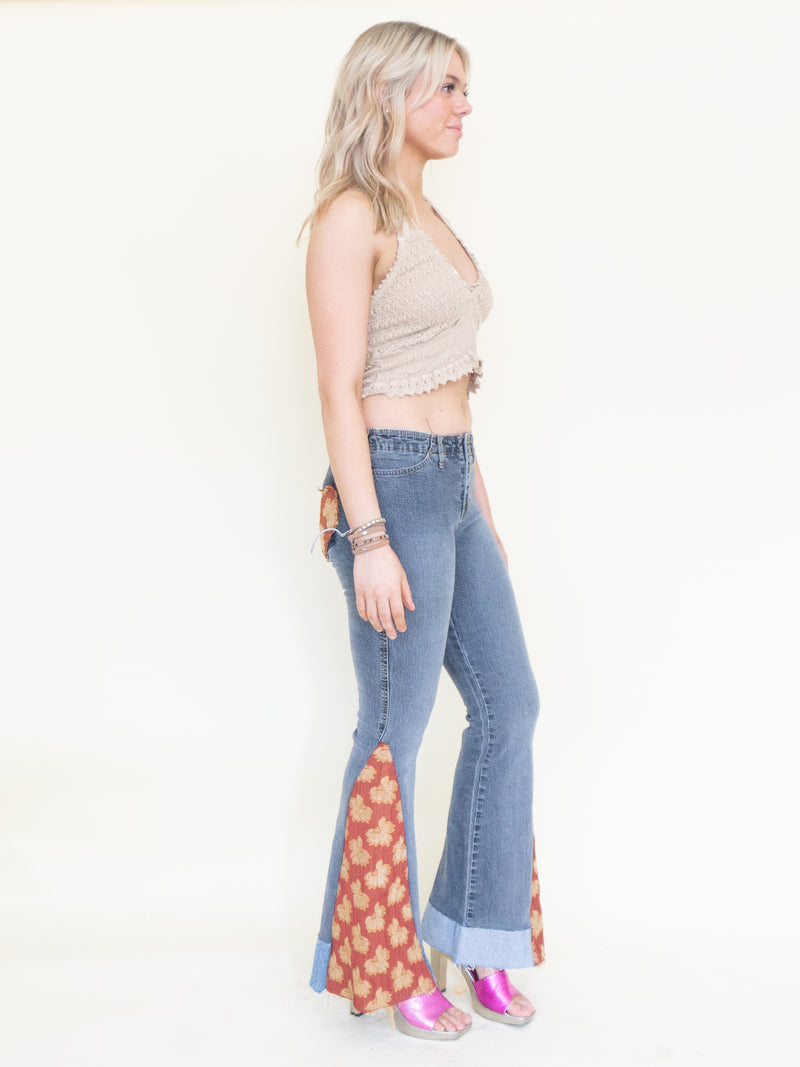 Floral Patchwork Jeans Bell Bottom Denim Vintage Upcycled Low Rise