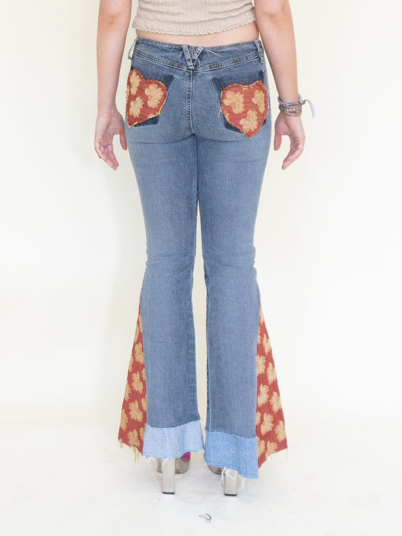 Floral Patchwork Jeans Bell Bottom Denim Vintage Upcycled Low Rise