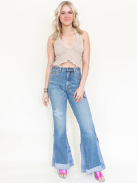 Patchwork Vintage 70's Jeans Denim Star Patchwork Flared Jeans High Waisted