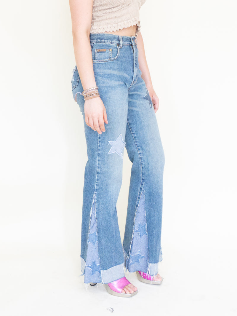 Patchwork Vintage 70's Jeans Denim Star Patchwork Flared Jeans High Waisted