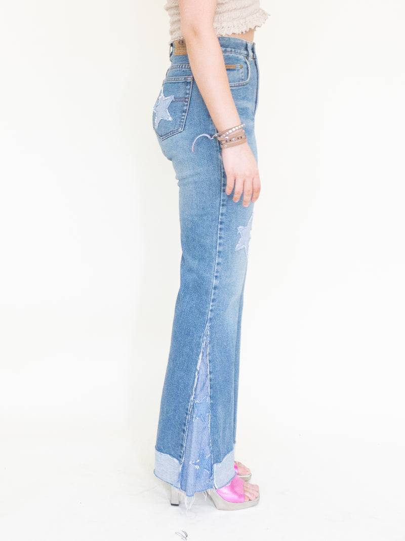 Patchwork Vintage 70's Jeans Denim Star Patchwork Flared Jeans High Waisted