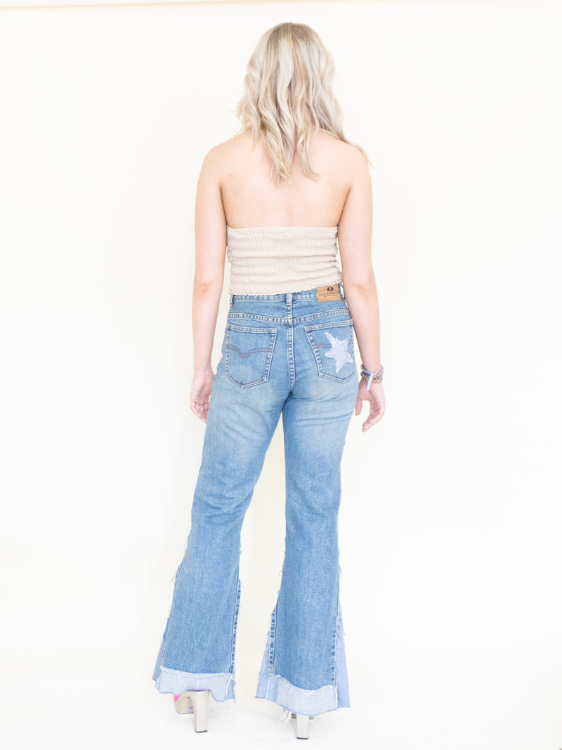 Patchwork Vintage 70's Jeans Denim Star Patchwork Flared Jeans High Waisted