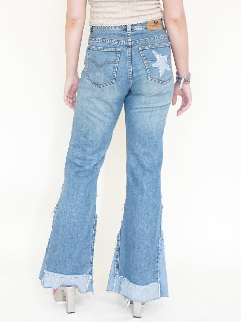 Patchwork Vintage 70's Jeans Denim Star Patchwork Flared Jeans High Waisted