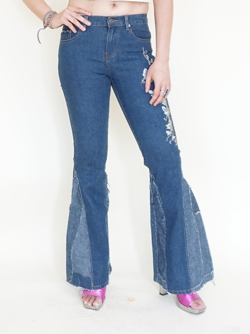 Floral Patchwork Jeans Embroidered Bell Bottoms Vintage Upcycled