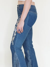 Floral Patchwork Jeans Embroidered Bell Bottoms Vintage Upcycled
