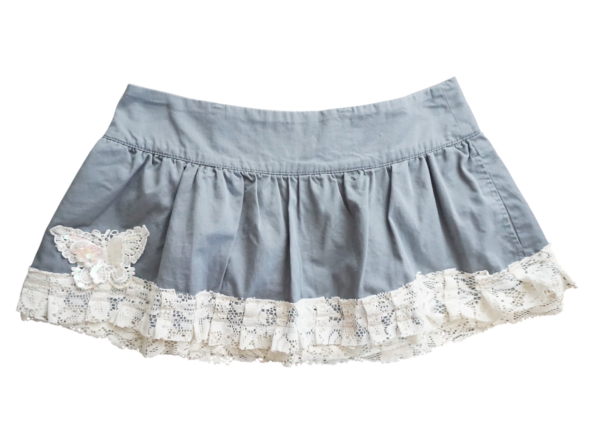 Reworked Vintage Ruffle Lace Mini Skirt Low Waisted Butterfly Lace Skirt