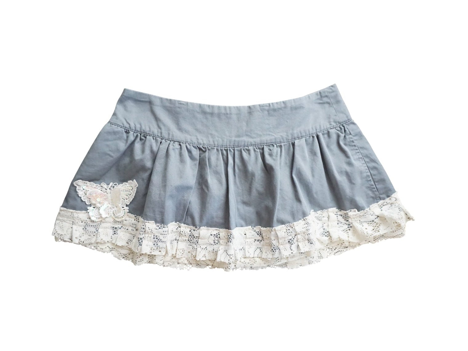 Reworked Vintage Ruffle Lace Mini Skirt Low Waisted Butterfly Lace Skirt