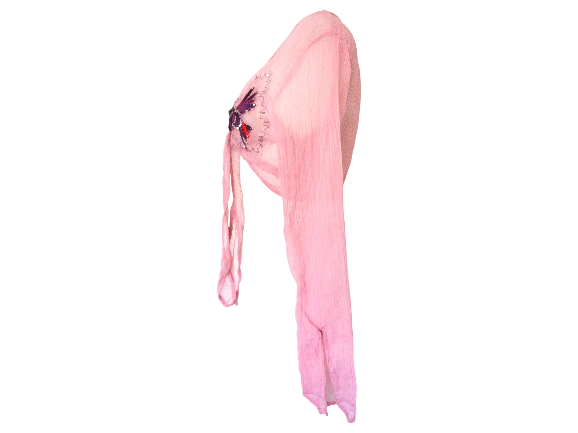 Vintage Pink Silk Sequin Blouse Chiffon Embroidered Crop Blouse Vintage Y2k Tie Waist Reworked Hand Dyed