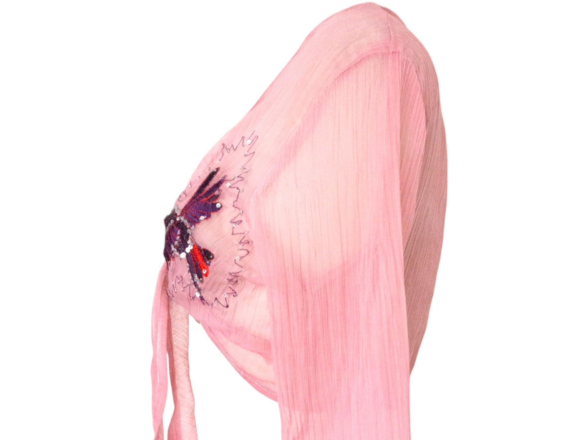 Vintage Pink Silk Sequin Blouse Chiffon Embroidered Crop Blouse Vintage Y2k Tie Waist Reworked Hand Dyed