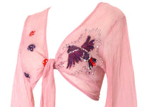 Vintage Pink Silk Sequin Blouse Chiffon Embroidered Crop Blouse Vintage Y2k Tie Waist Reworked Hand Dyed