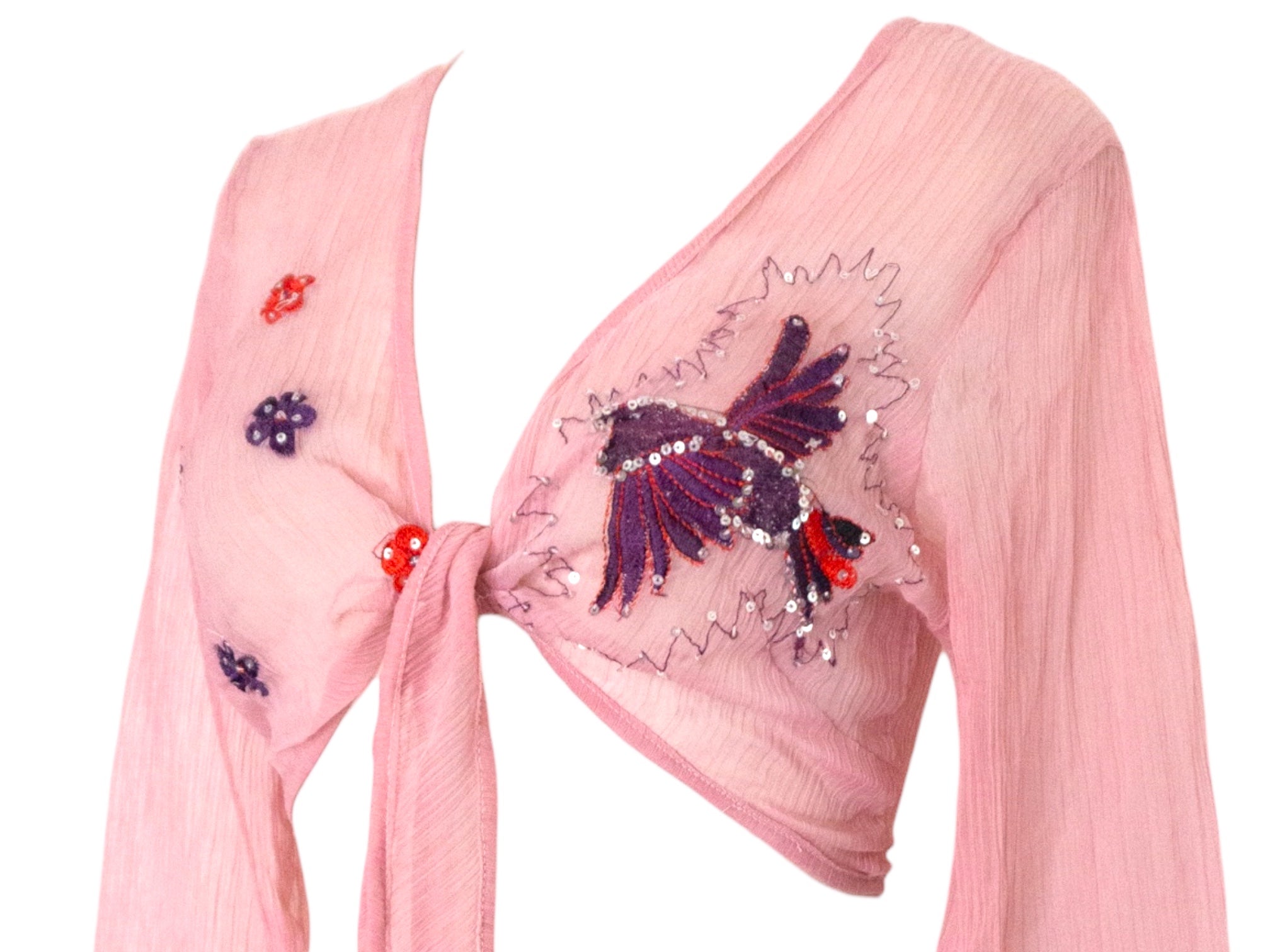 Vintage Pink Silk Sequin Blouse Chiffon Embroidered Crop Blouse Vintage Y2k Tie Waist Reworked Hand Dyed