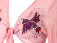 Vintage Pink Silk Sequin Blouse Chiffon Embroidered Crop Blouse Vintage Y2k Tie Waist Reworked Hand Dyed