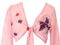 Vintage Pink Silk Sequin Blouse Chiffon Embroidered Crop Blouse Vintage Y2k Tie Waist Reworked Hand Dyed