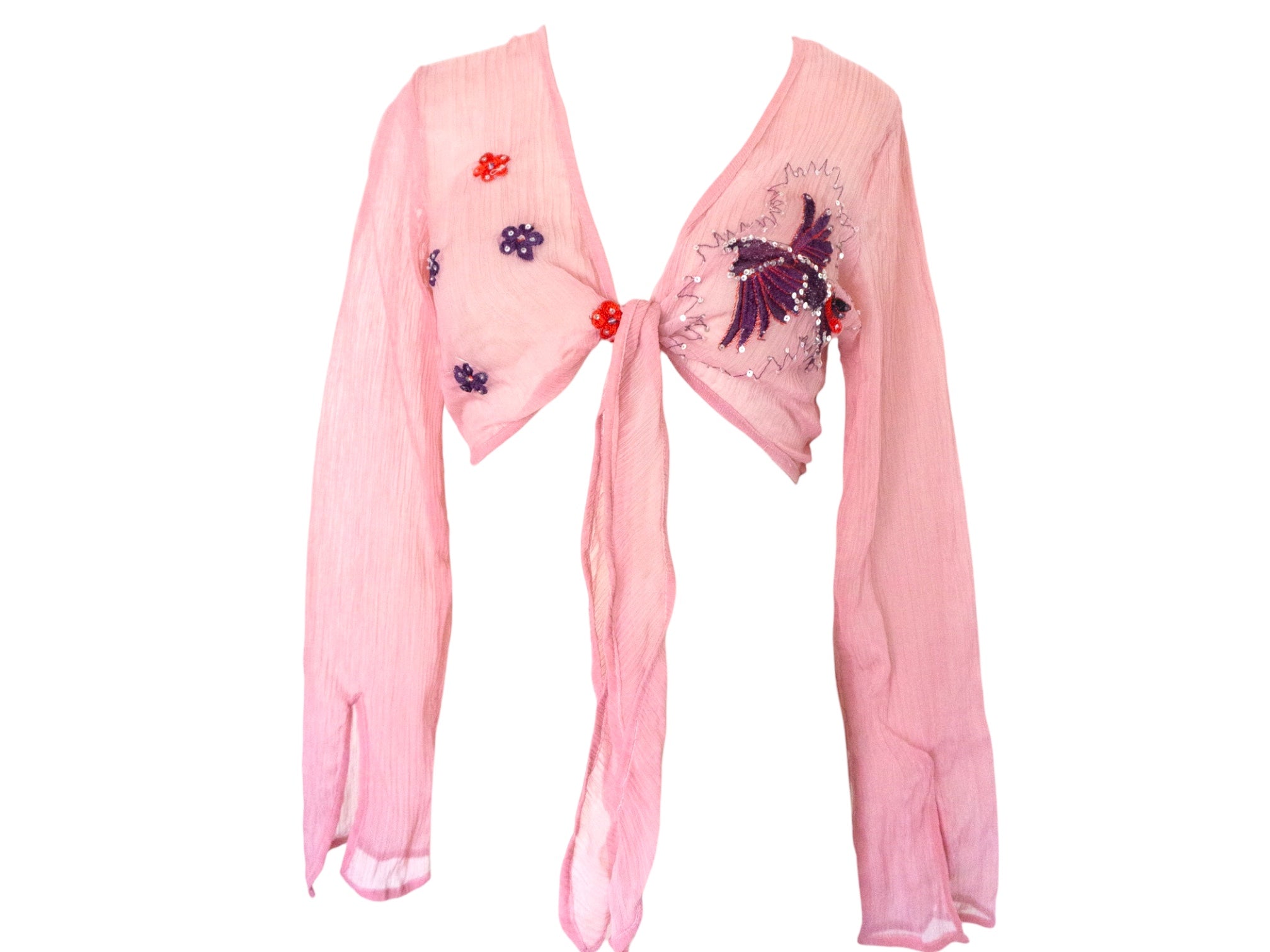 Vintage Pink Silk Sequin Blouse Chiffon Embroidered Crop Blouse Vintage Y2k Tie Waist Reworked Hand Dyed