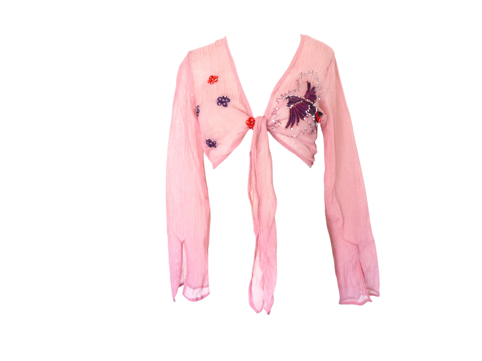 Vintage Pink Silk Sequin Blouse Chiffon Embroidered Crop Blouse Vintage Y2k Tie Waist Reworked Hand Dyed