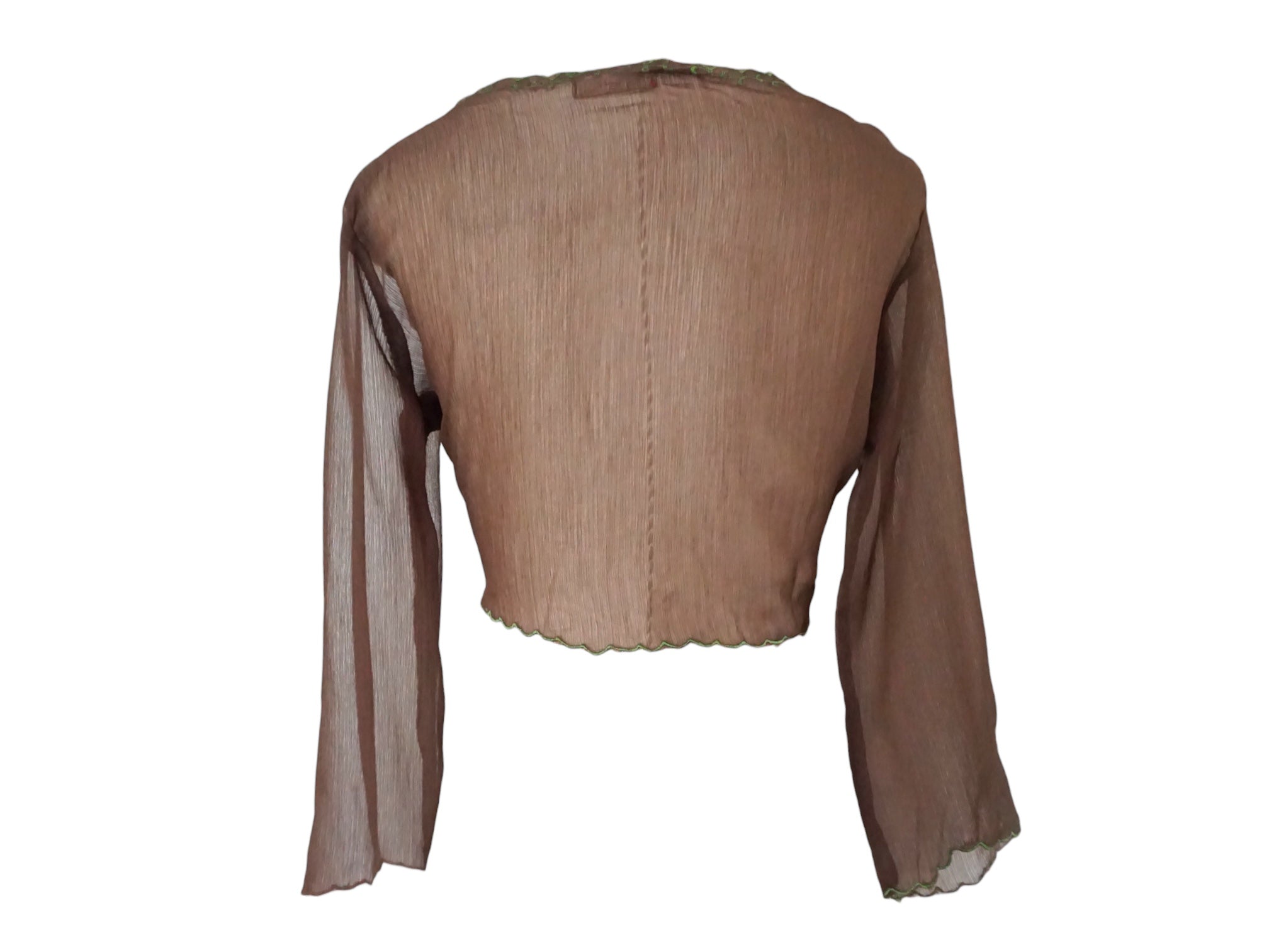 Embroidered Silk Blouse Brown Pink Tie Waist -  Vintage Y2k Deadstock