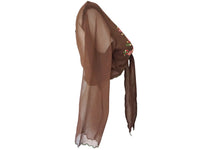 Embroidered Silk Blouse Brown Pink Tie Waist -  Vintage Y2k Deadstock