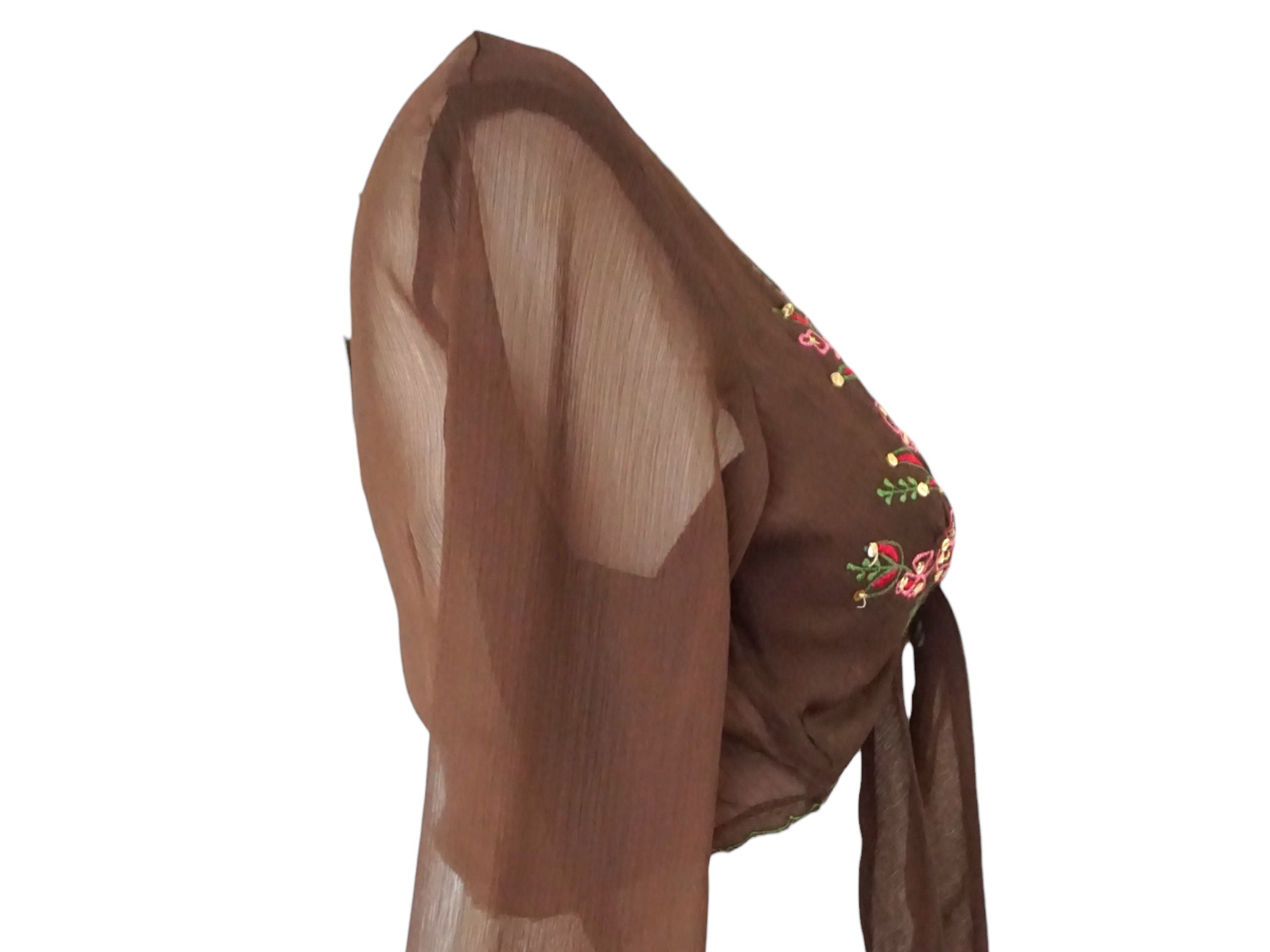 Embroidered Silk Blouse Brown Pink Tie Waist -  Vintage Y2k Deadstock