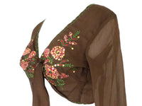 Embroidered Silk Blouse Brown Pink Tie Waist -  Vintage Y2k Deadstock