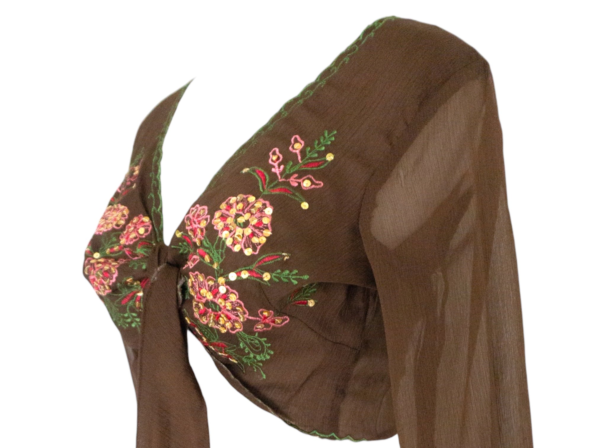 Embroidered Silk Blouse Brown Pink Tie Waist -  Vintage Y2k Deadstock