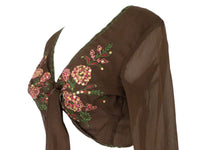 Embroidered Silk Blouse Brown Pink Tie Waist -  Vintage Y2k Deadstock