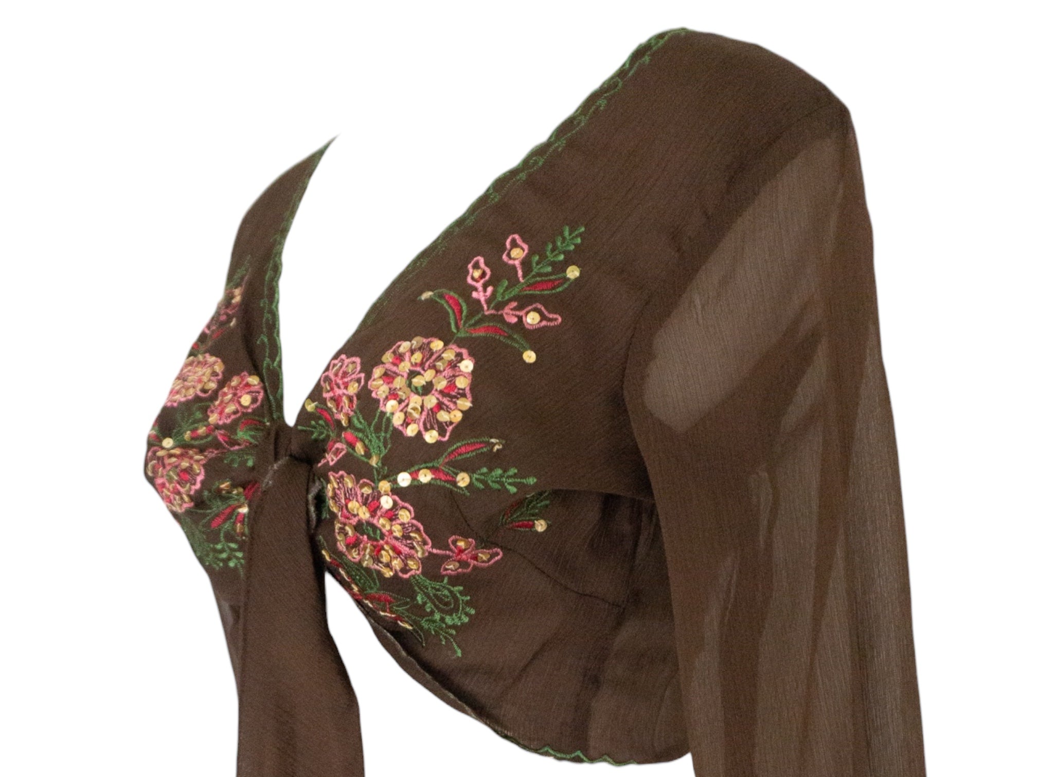 Embroidered Silk Blouse Brown Pink Tie Waist -  Vintage Y2k Deadstock