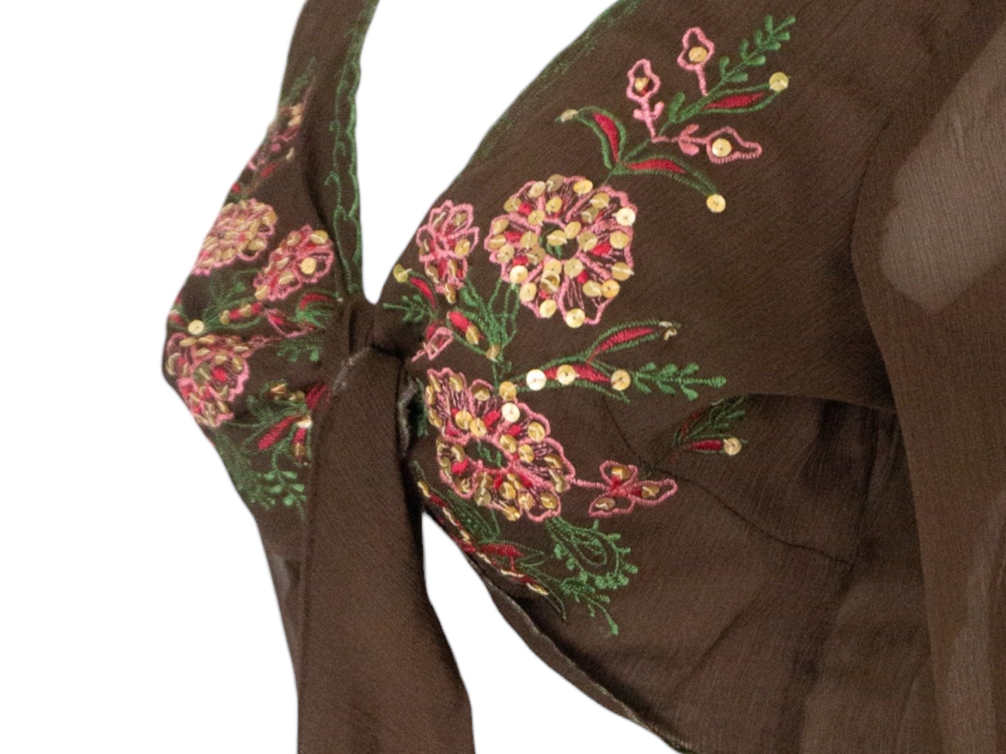 Embroidered Silk Blouse Brown Pink Tie Waist -  Vintage Y2k Deadstock