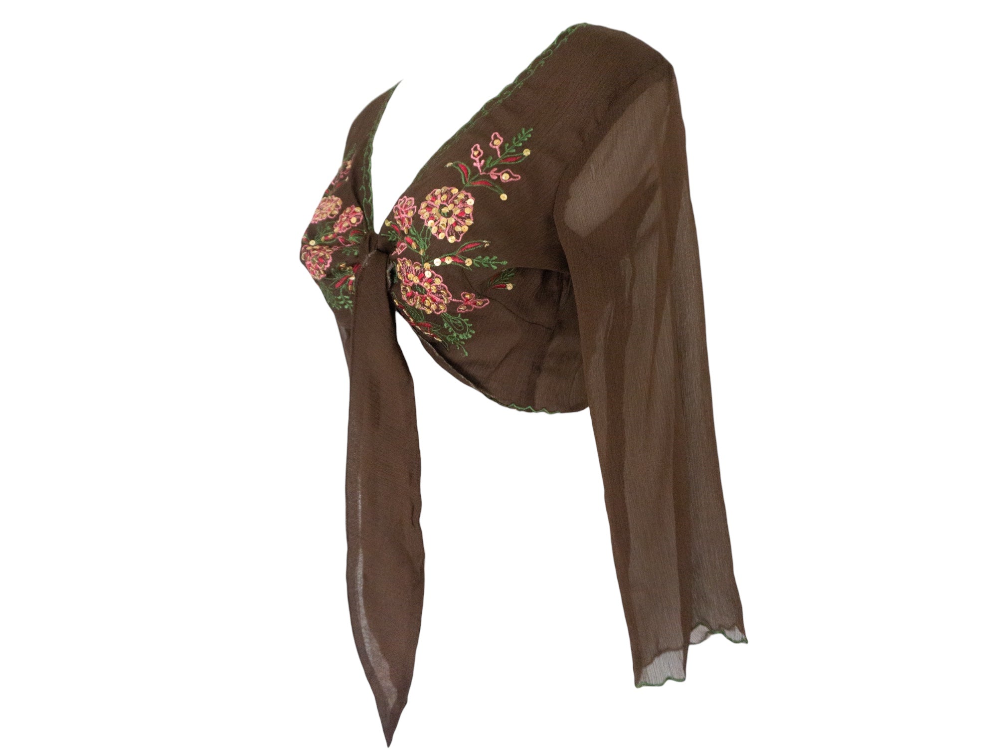 Embroidered Silk Blouse Brown Pink Tie Waist -  Vintage Y2k Deadstock