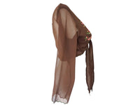 Embroidered Silk Blouse Brown Pink Tie Waist -  Vintage Y2k Deadstock