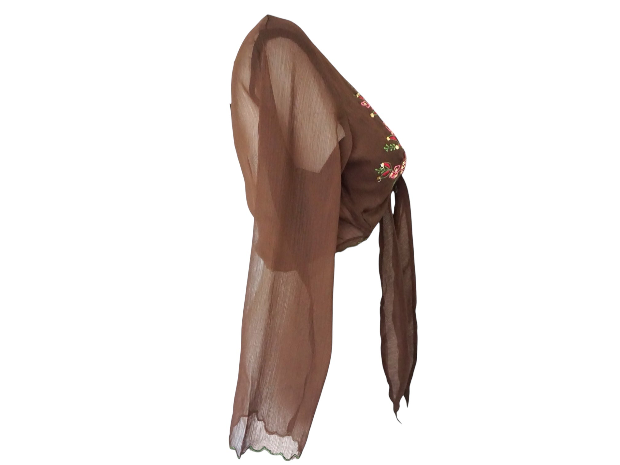 Embroidered Silk Blouse Brown Pink Tie Waist -  Vintage Y2k Deadstock