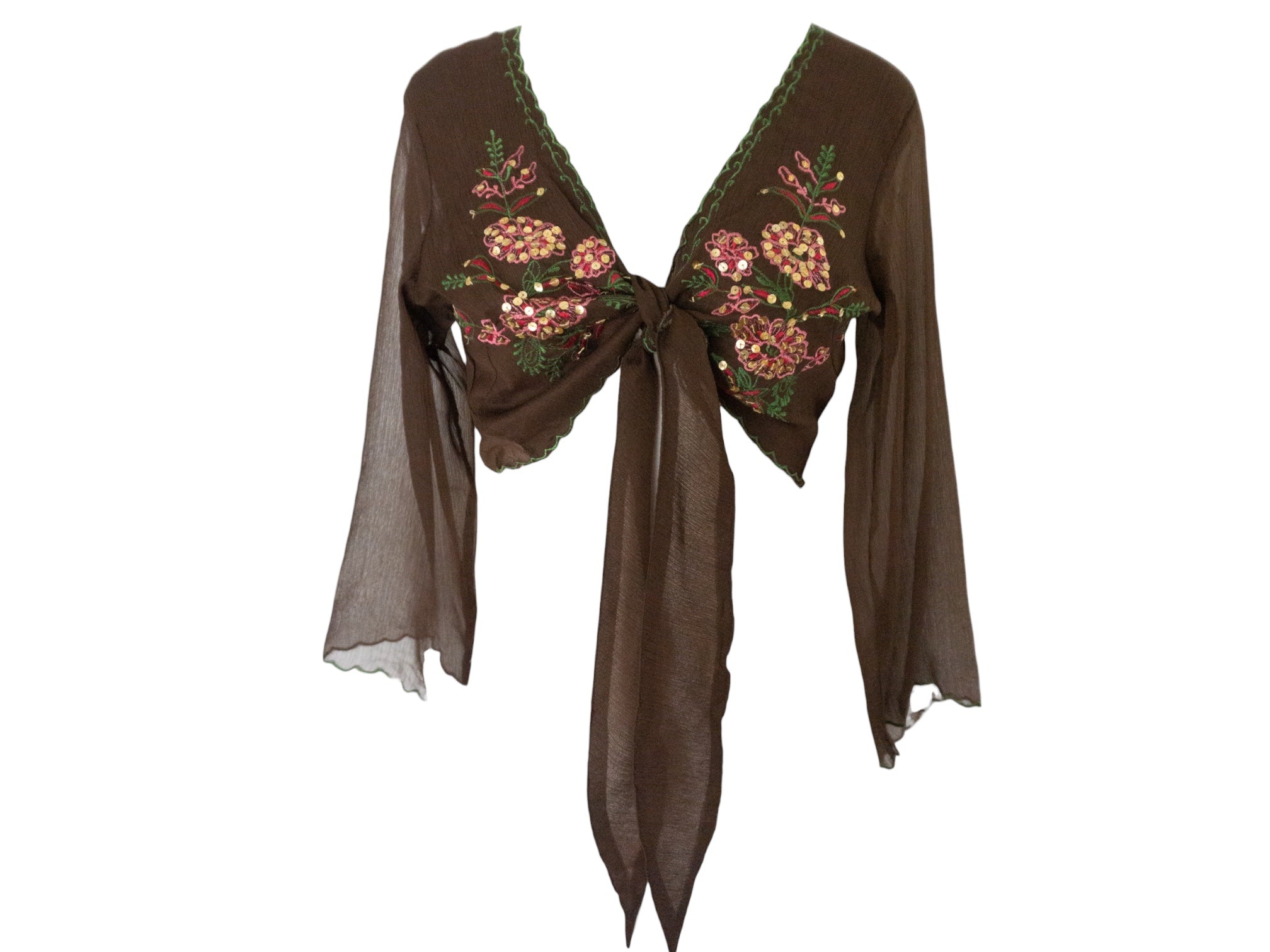 Embroidered Silk Blouse Brown Pink Tie Waist -  Vintage Y2k Deadstock