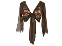 Embroidered Silk Blouse Brown Pink Tie Waist -  Vintage Y2k Deadstock