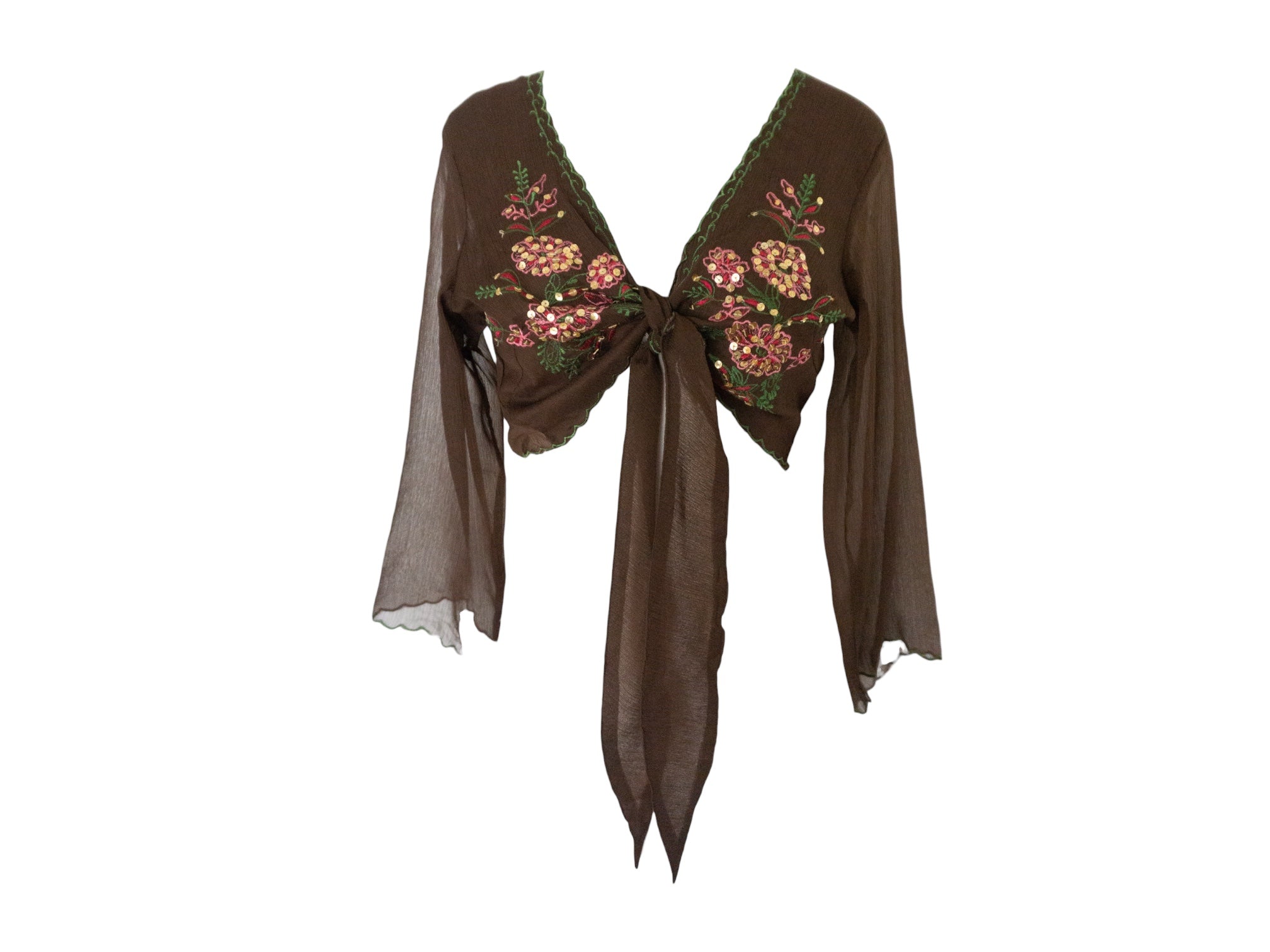 Embroidered Silk Blouse Brown Pink Tie Waist -  Vintage Y2k Deadstock