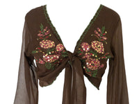 Embroidered Silk Blouse Brown Pink Tie Waist -  Vintage Y2k Deadstock