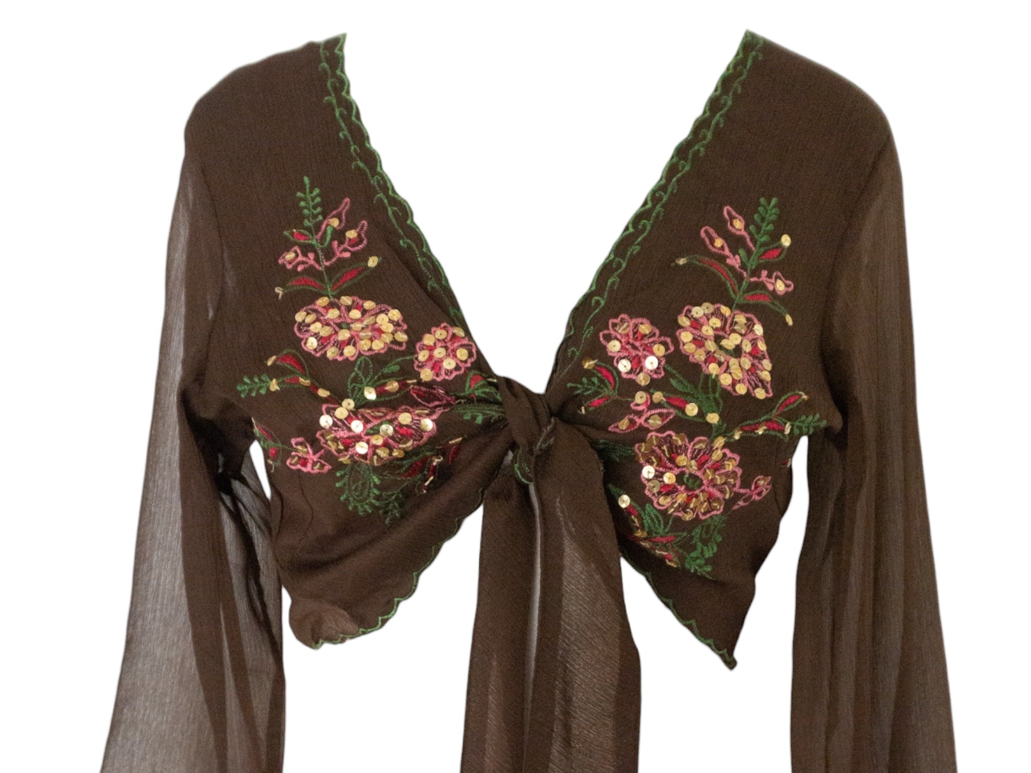 Embroidered Silk Blouse Brown Pink Tie Waist -  Vintage Y2k Deadstock