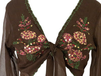 Embroidered Silk Blouse Brown Pink Tie Waist -  Vintage Y2k Deadstock