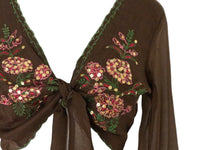 Embroidered Silk Blouse Brown Pink Tie Waist -  Vintage Y2k Deadstock