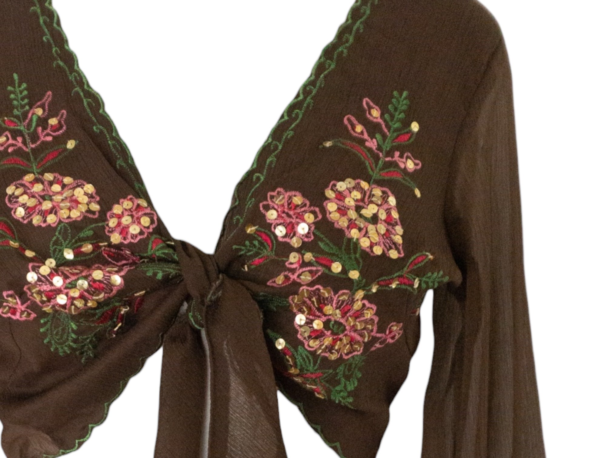 Embroidered Silk Blouse Brown Pink Tie Waist -  Vintage Y2k Deadstock